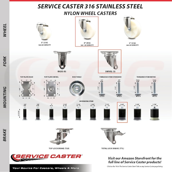 Service Caster 4 Inch 316SS Nylon Wheel Swivel 1-5/8 Inch Expanding Stem Caster Set SCC SCC-SS316EX20S414-NYS-158-4 - main